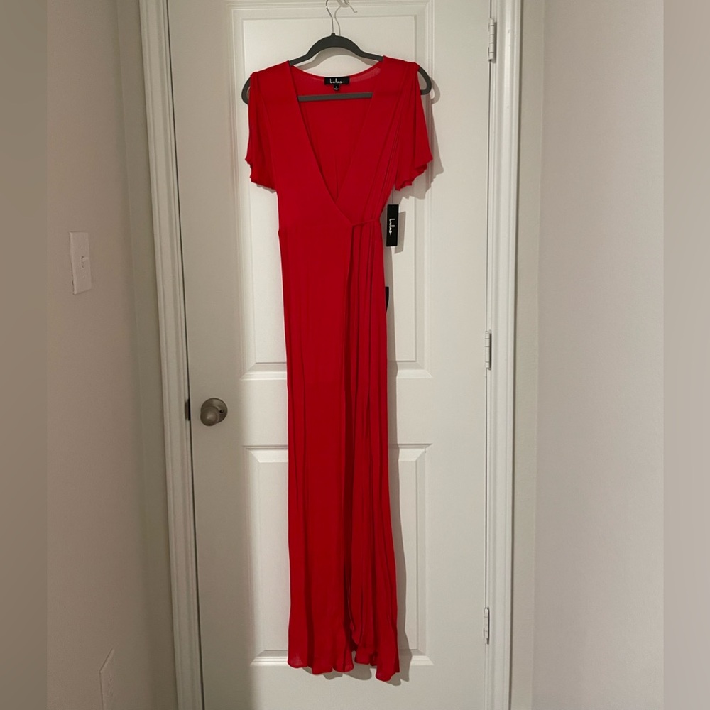 Lulus Red Flutter Sleeve Wrap Maxi Gown